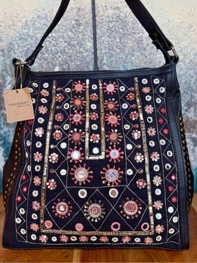 Handcrafted Boho Tribal Mirror Embroidered Leather Shoulder Bag NWT
